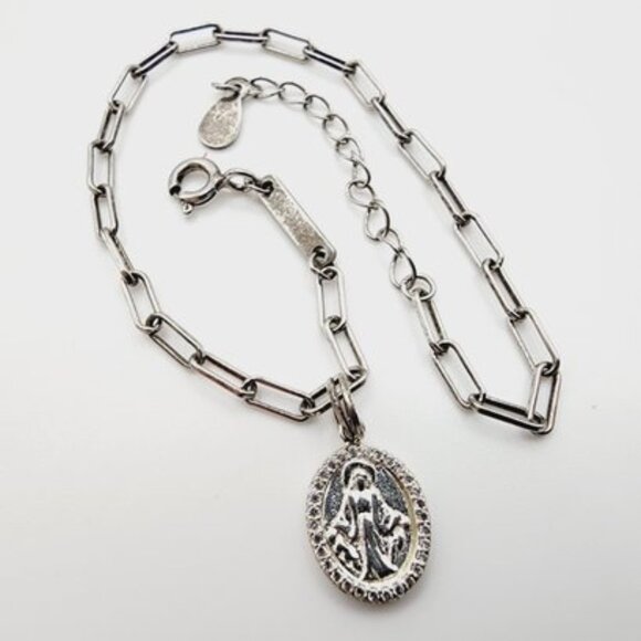 Sterling Silver Paperclip Chain Bracelet Miraculous Medal Religious Pendant - Picture 1 of 6